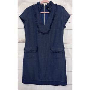 Sail To Sable Navy Gold Metallic‎ Tweed Fringe Shift Dress Womans Sz 10 Preppy
